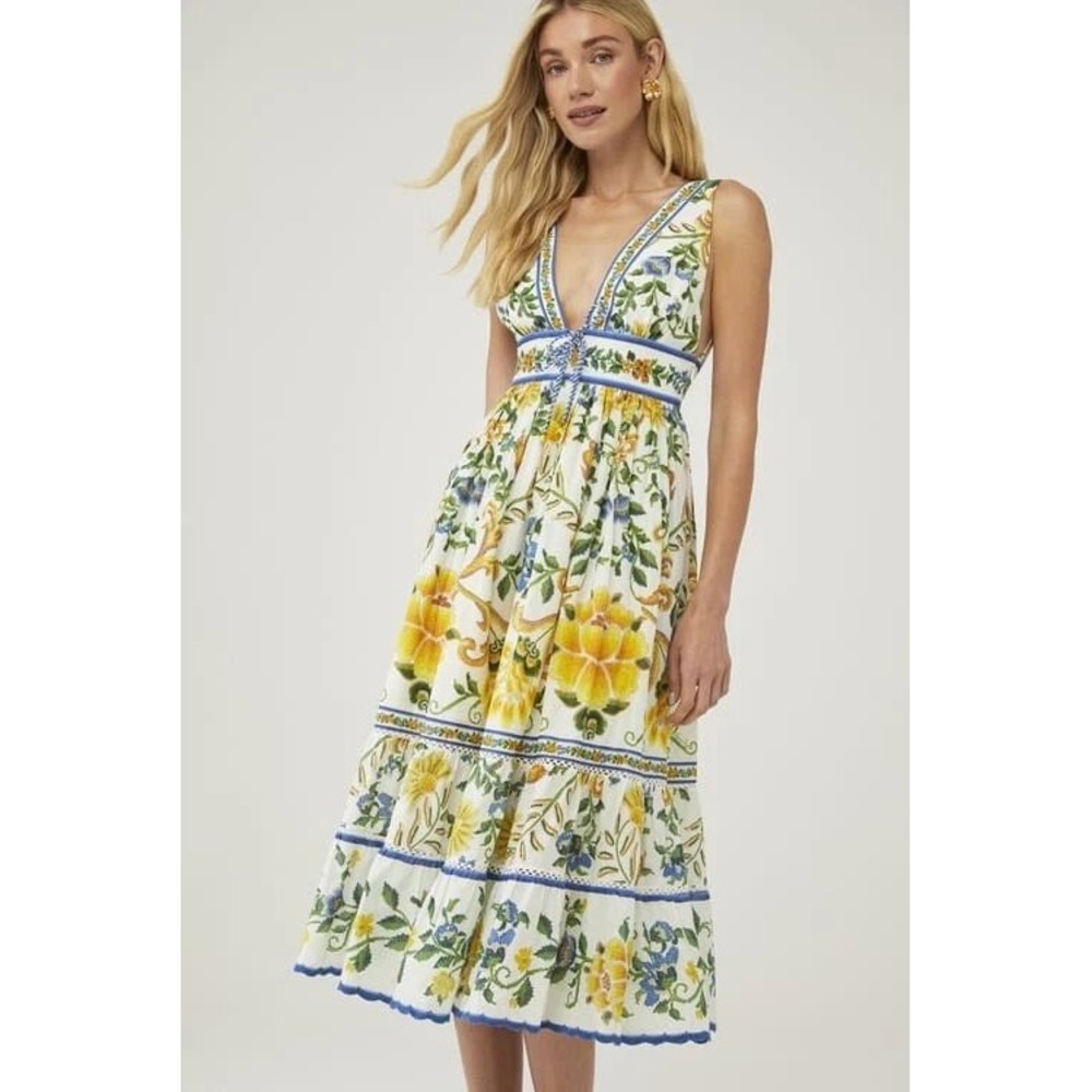 Farm Rio Emily Cotton Midi Dress S White Yellow Mediterranean Floral Tiered